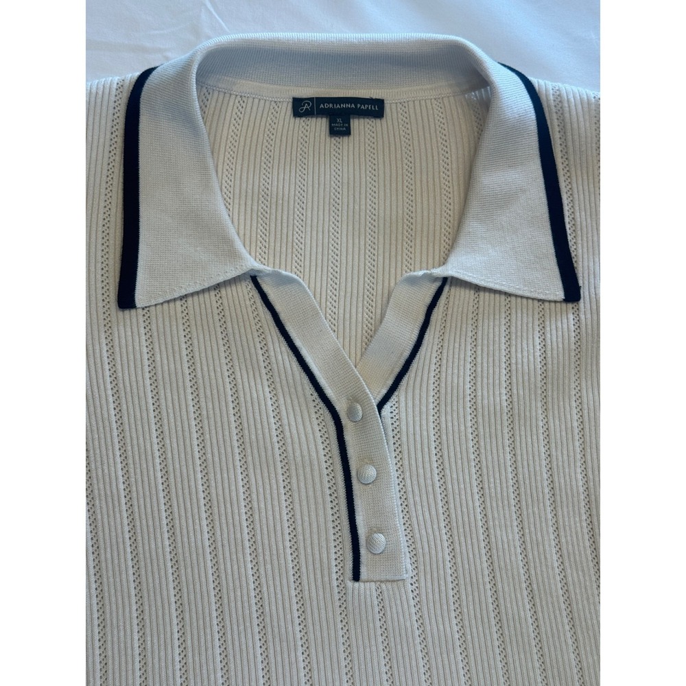 Adrianna Papell Ivory Ribbed Pointelle Knit Polo Top Navy Trim XL AD1S301702 - Picture 4 of 8